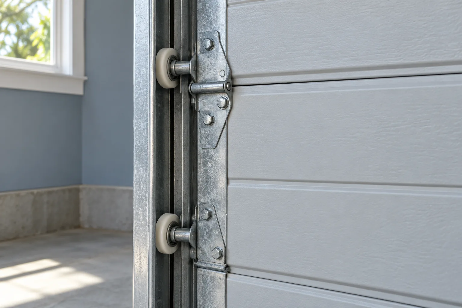 Illustrative residential garage door with separate pedestrian entrance